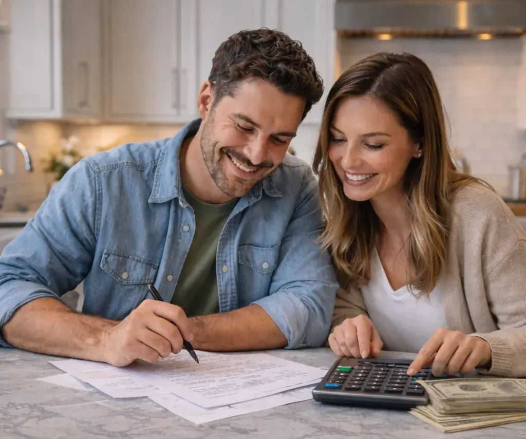 Couple reviewing kitchen remodel budget documents with calculator at marble island, planning renovation costs for 2026 in a modern kitchen.